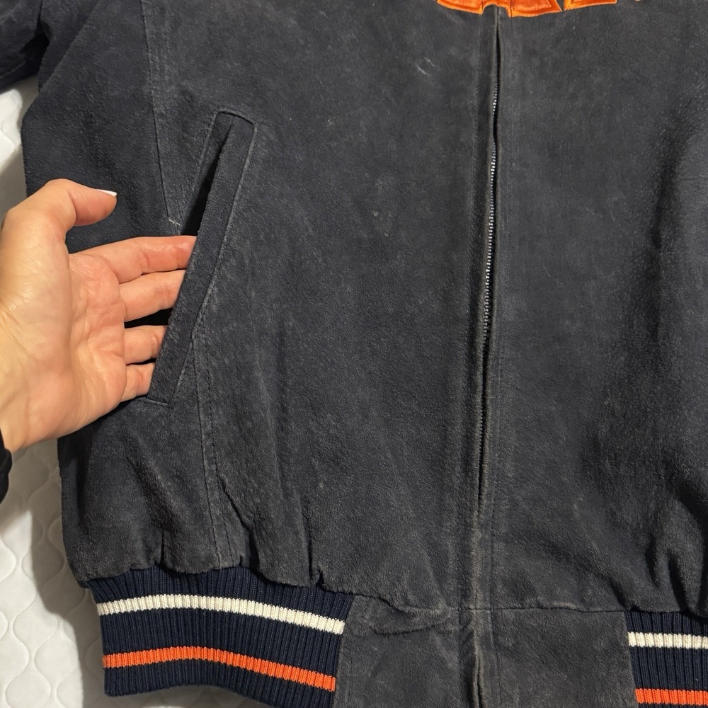 NFL Chicago Bears Mens Sz L Suede Bomber Jacket SUPERBOWL Vtg 90s Patch Blue - Picture 6 of 14